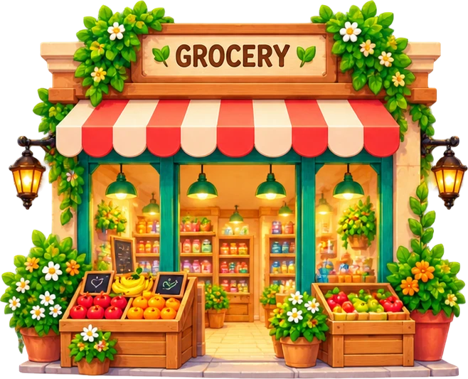 A small grocery shop with a red striped awning, flower boxes and crates of fruit by the door.