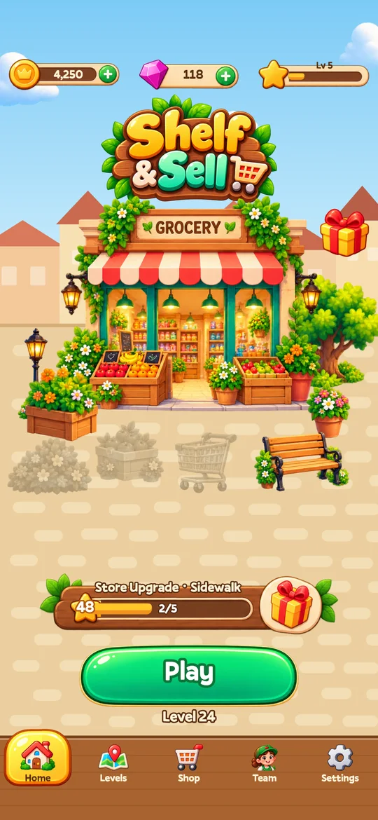 The home screen: the grocery shop with a Play button for level 24 and a store upgrade bar.