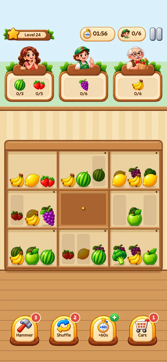 A level in play: three customers with fruit orders above a cabinet of nine shelves.