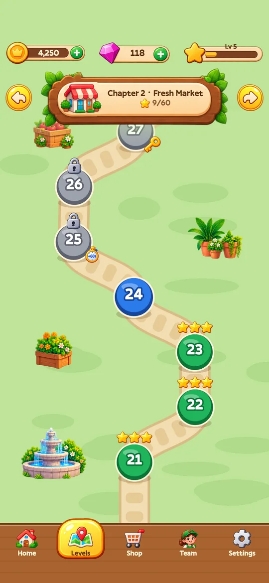 The level map for chapter 2, Fresh Market, a winding path of numbered levels.