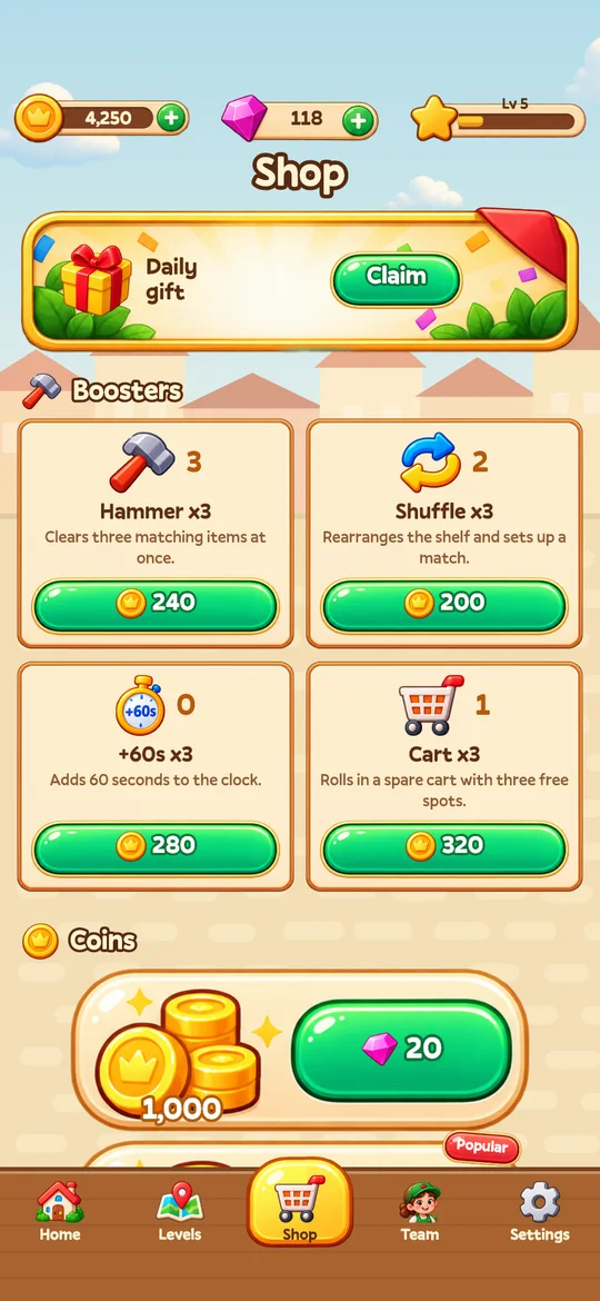 The in-game shop with the daily gift and booster packs.
