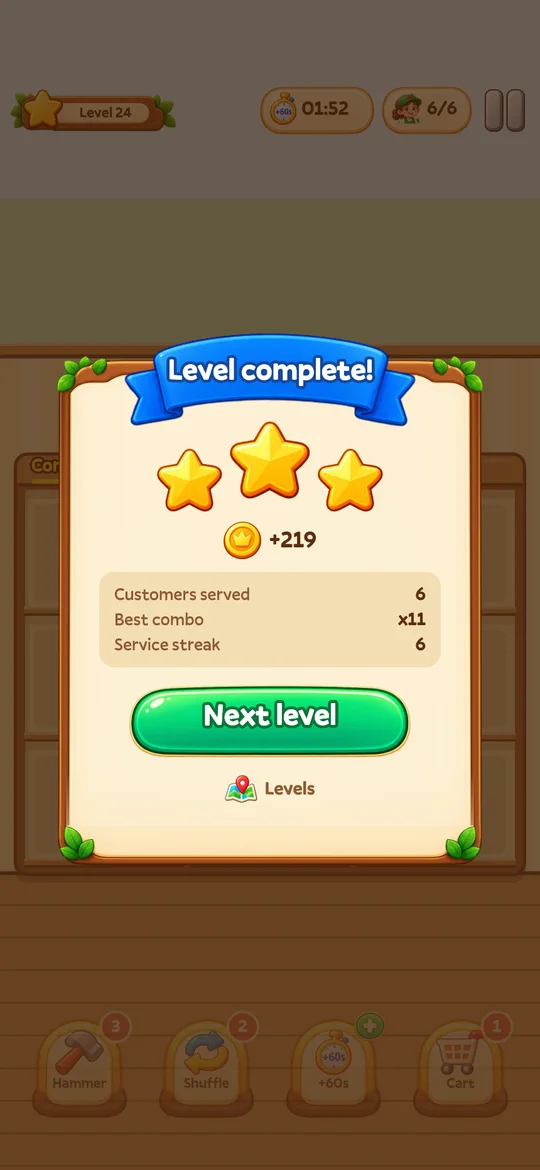 The level complete screen with stars and rewards.